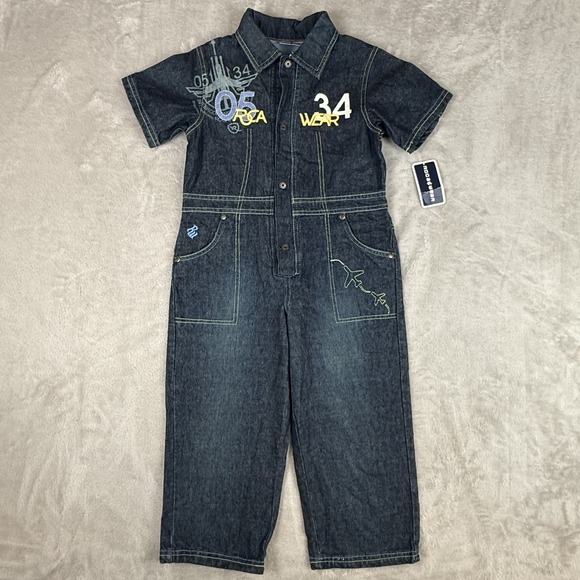 Roca‎ Baby Rocawear Denim Jumpsuit  4 Coveralls Romper Jean Embroidered Logo NEW - Picture 1 of 16